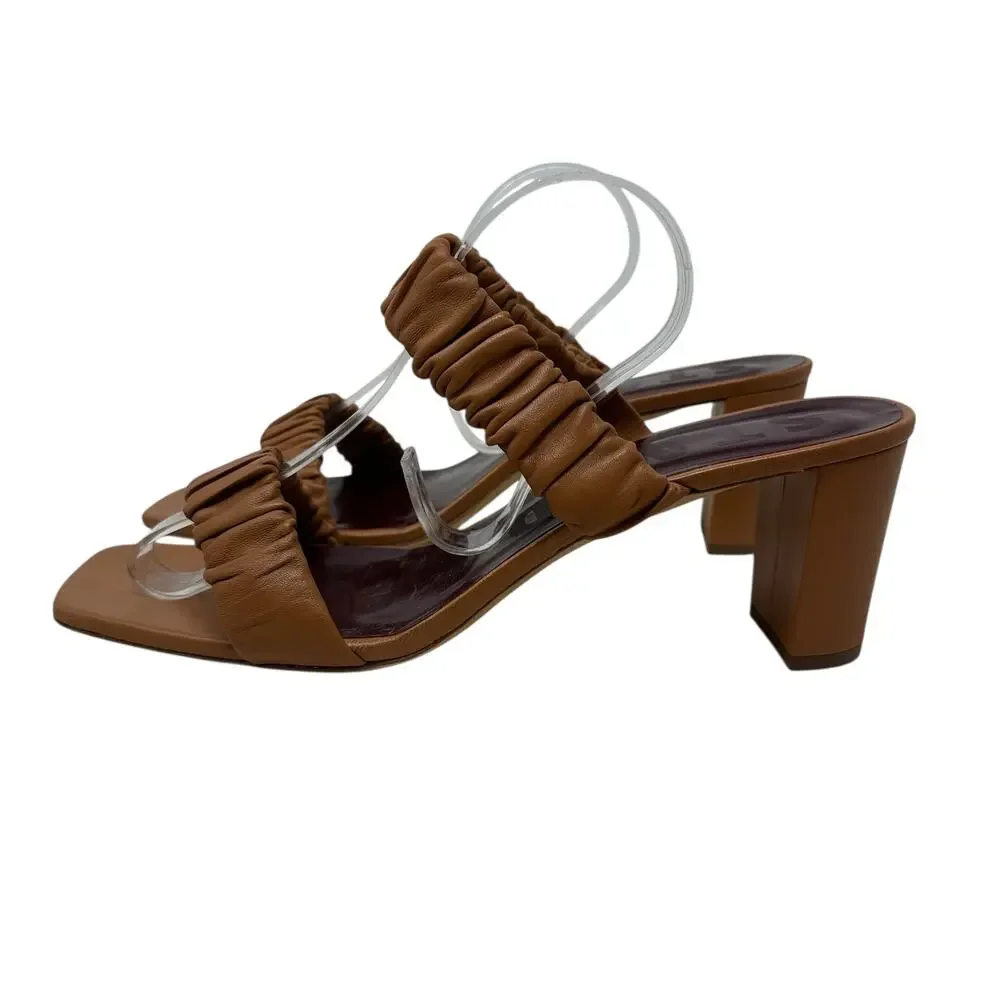 Staud‎ Frankie Ruched Leather Sandals Heels Brown Tan Size 42 US 12